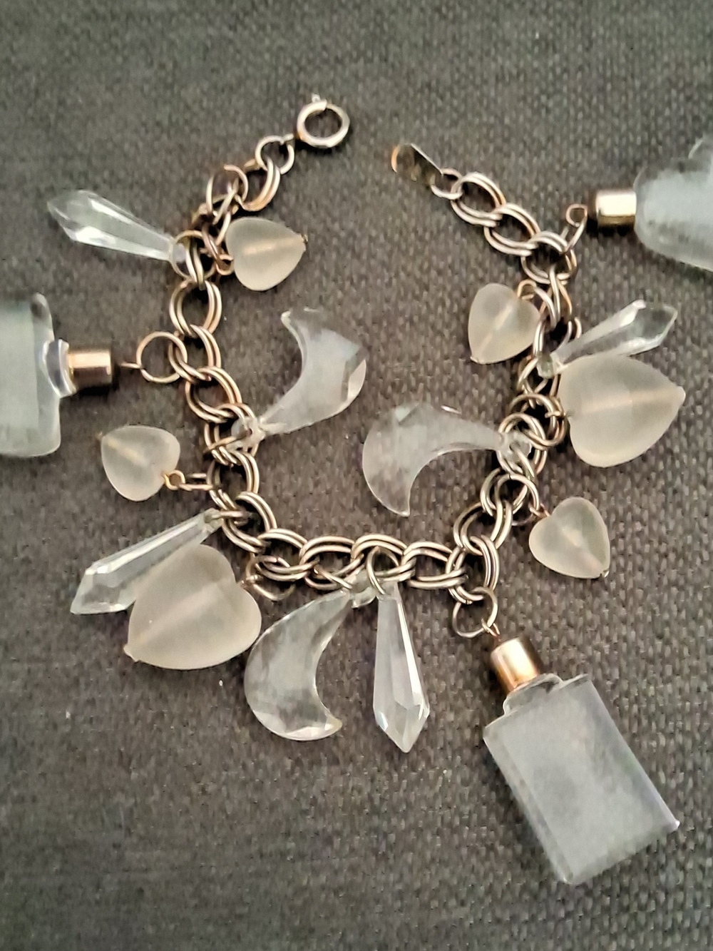 50's Chunky Lucite Charm Bracelet w/Miniature Perfume Bottles. ~Super Rare Find!